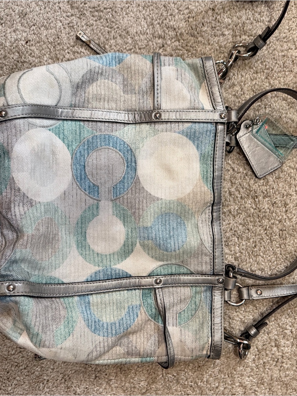 Coach Signature Circle Print Shoulder Tote in Blue, Gray, and Cream